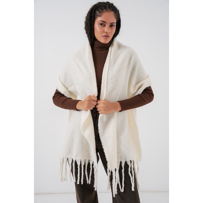 Kadın Yumuşak Dokulu Kalın Şal Atkı 15951 - Ekru