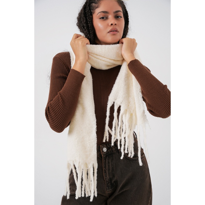 Kadın Yumuşak Dokulu Kalın Şal Atkı 15951 - Ekru