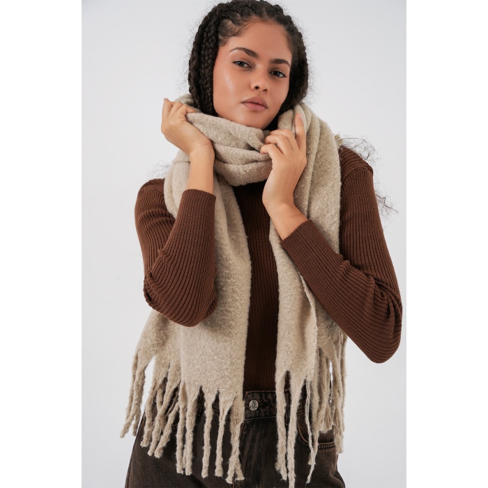 Kadın Yumuşak Dokulu Kalın Şal Atkı 15951 - A.Bej