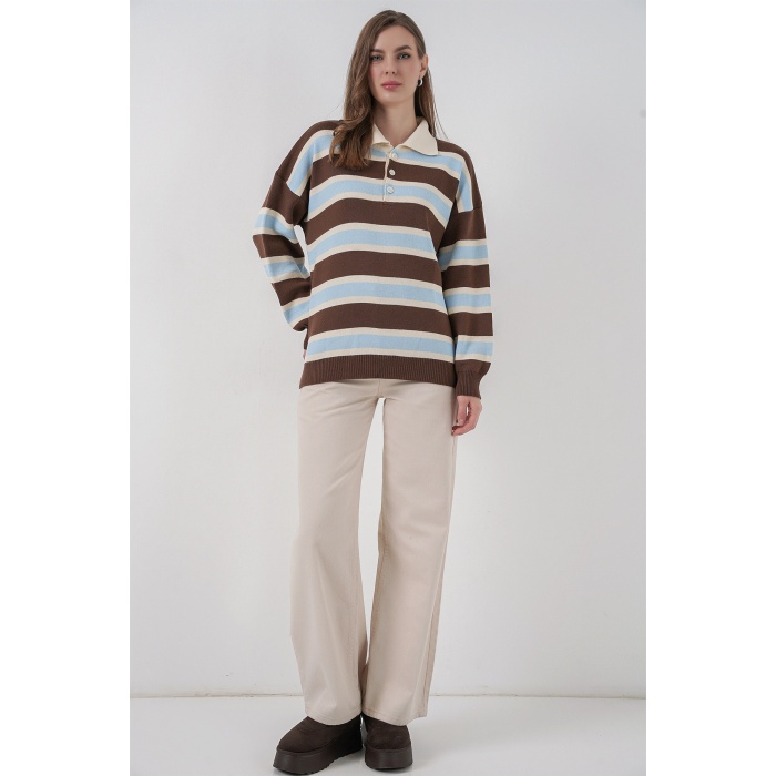 Kadın Çizgili Polo Yaka Triko Kazak 15952 - Mavi