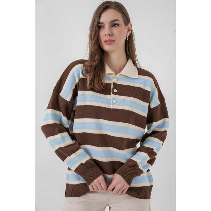 Kadın Çizgili Polo Yaka Triko Kazak 15952 - Mavi