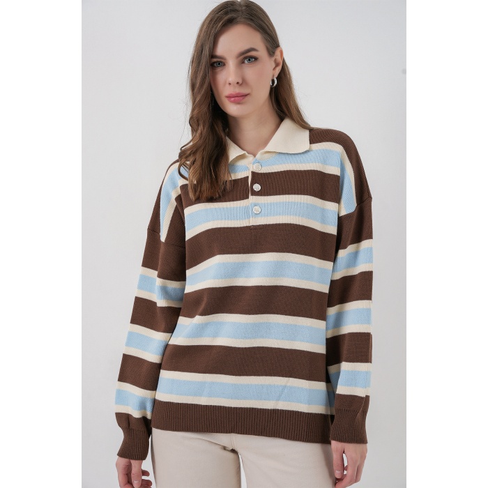 Kadın Çizgili Polo Yaka Triko Kazak 15952 - Mavi