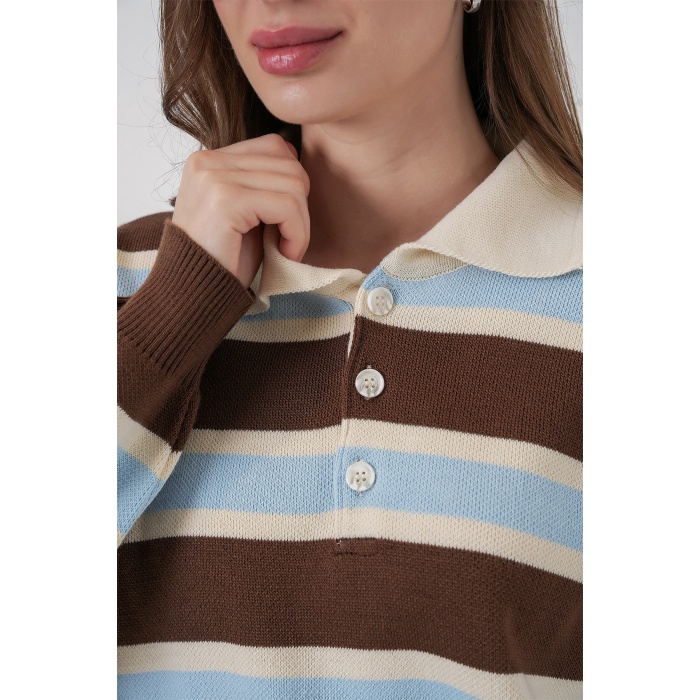 Kadın Çizgili Polo Yaka Triko Kazak 15952 - Mavi