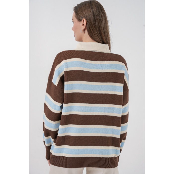 Kadın Çizgili Polo Yaka Triko Kazak 15952 - Mavi