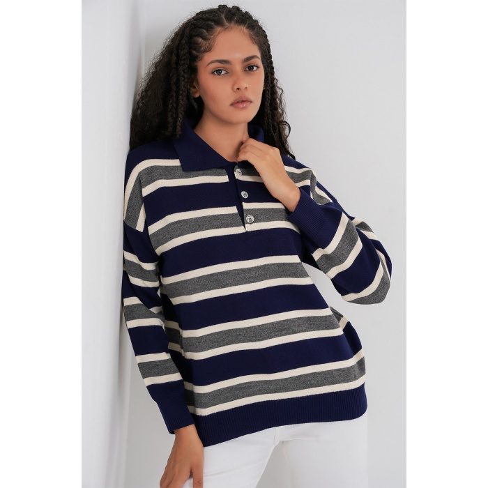Kadın Çizgili Polo Yaka Triko Kazak 15952 - Lacivert