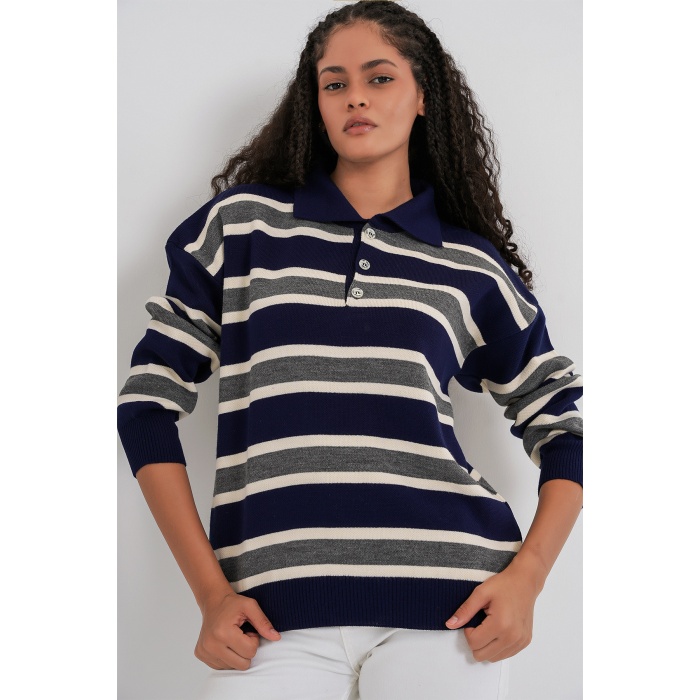 Kadın Çizgili Polo Yaka Triko Kazak 15952 - Lacivert