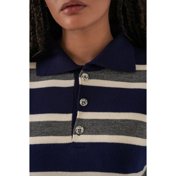 Kadın Çizgili Polo Yaka Triko Kazak 15952 - Lacivert