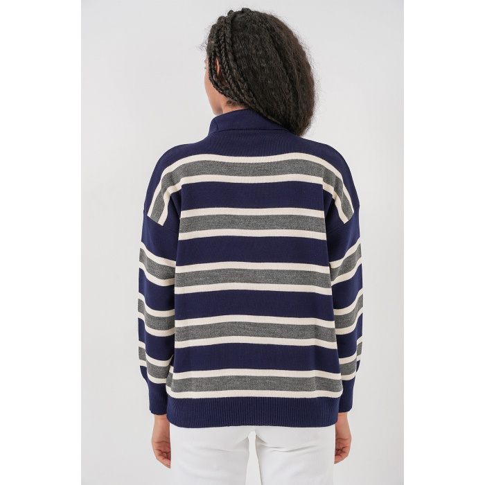 Kadın Çizgili Polo Yaka Triko Kazak 15952 - Lacivert