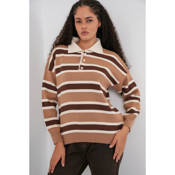 Kadın Çizgili Polo Yaka Triko Kazak 15952 - Vizon
