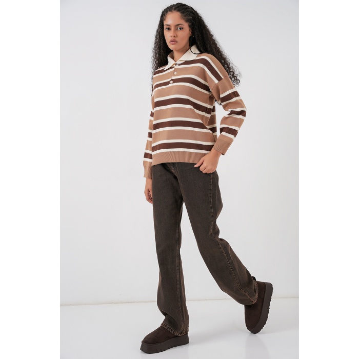 Kadın Çizgili Polo Yaka Triko Kazak 15952 - Vizon
