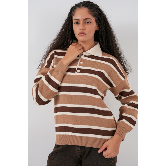 Kadın Çizgili Polo Yaka Triko Kazak 15952 - Vizon