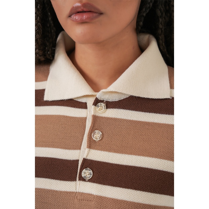 Kadın Çizgili Polo Yaka Triko Kazak 15952 - Vizon