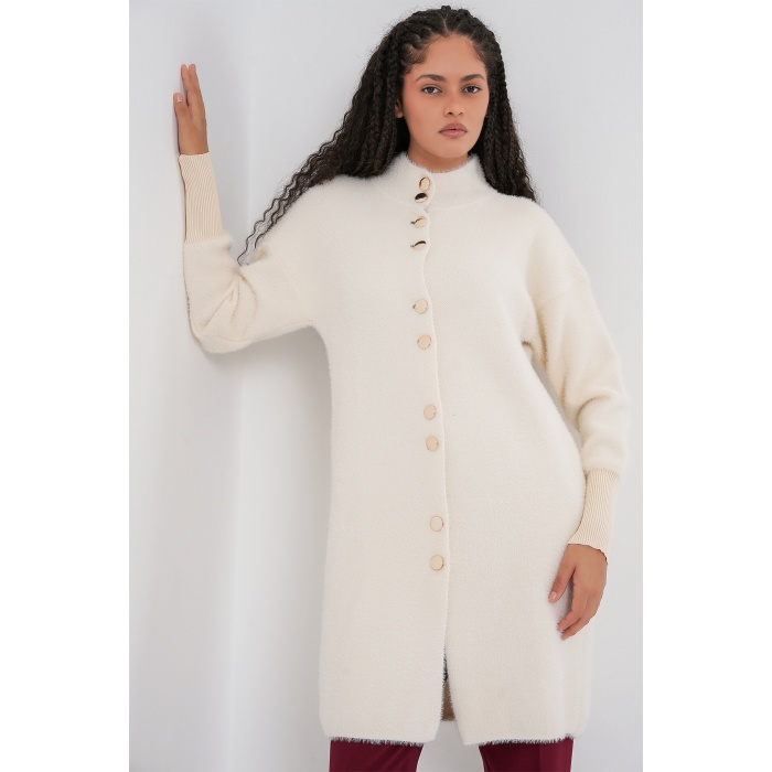 Kadın Yumuşak Dokulu Uzun Triko Hırka 15953 - Ekru