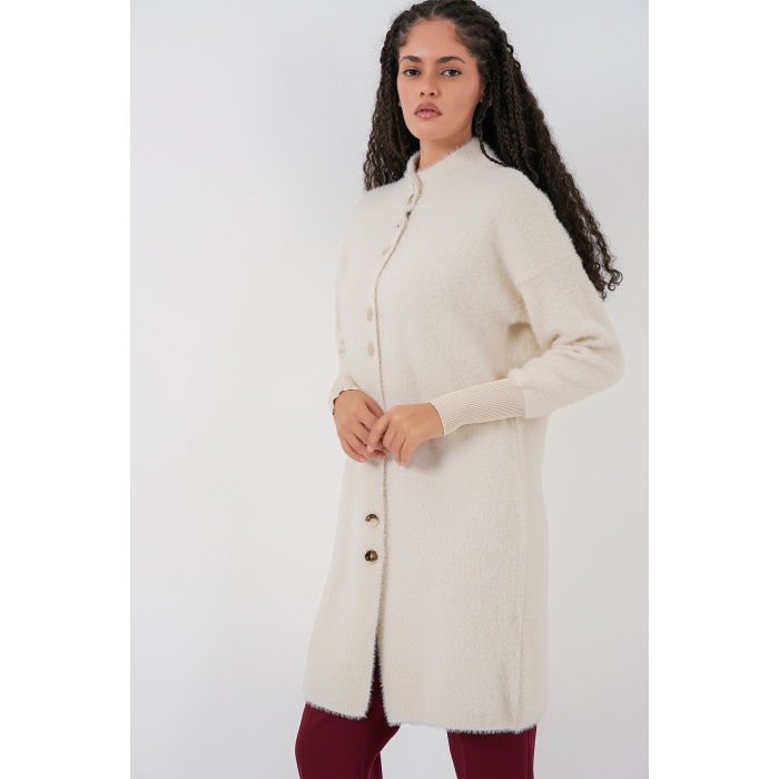 Kadın Yumuşak Dokulu Uzun Triko Hırka 15953 - Ekru