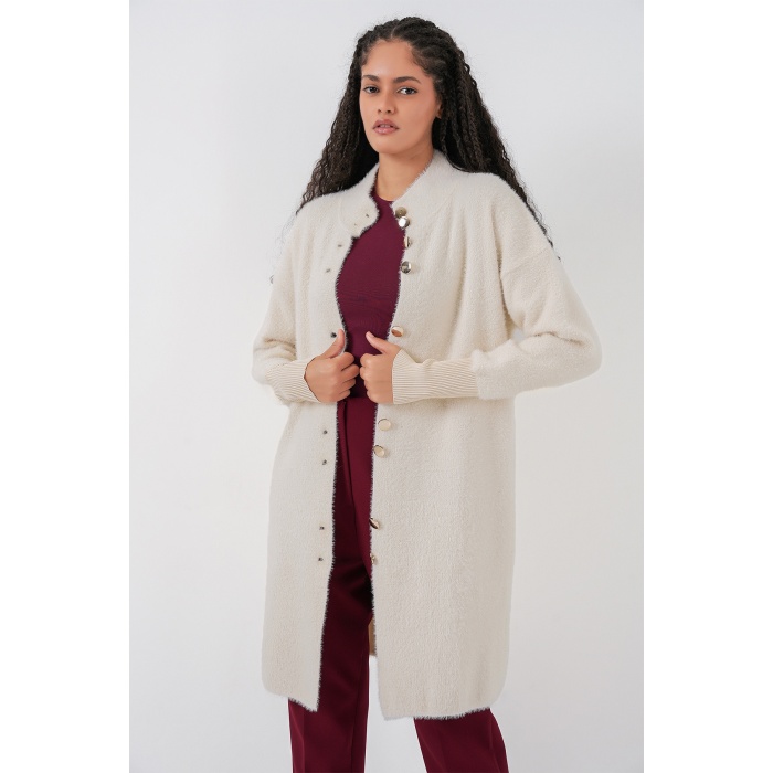 Kadın Yumuşak Dokulu Uzun Triko Hırka 15953 - Ekru