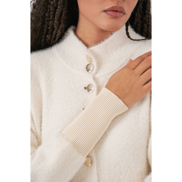 Kadın Yumuşak Dokulu Uzun Triko Hırka 15953 - Ekru