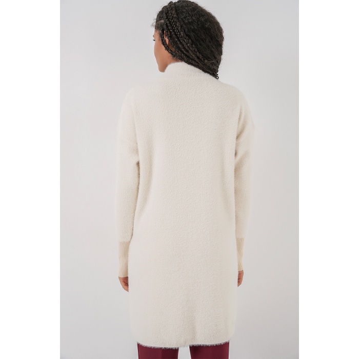 Kadın Yumuşak Dokulu Uzun Triko Hırka 15953 - Ekru