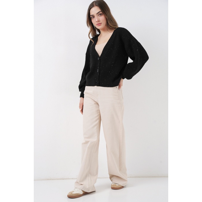 Kadın Crop Triko Hırka 15955 - Siyah