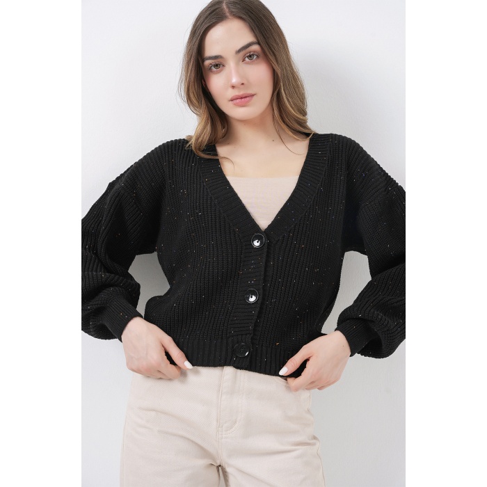 Kadın Crop Triko Hırka 15955 - Siyah