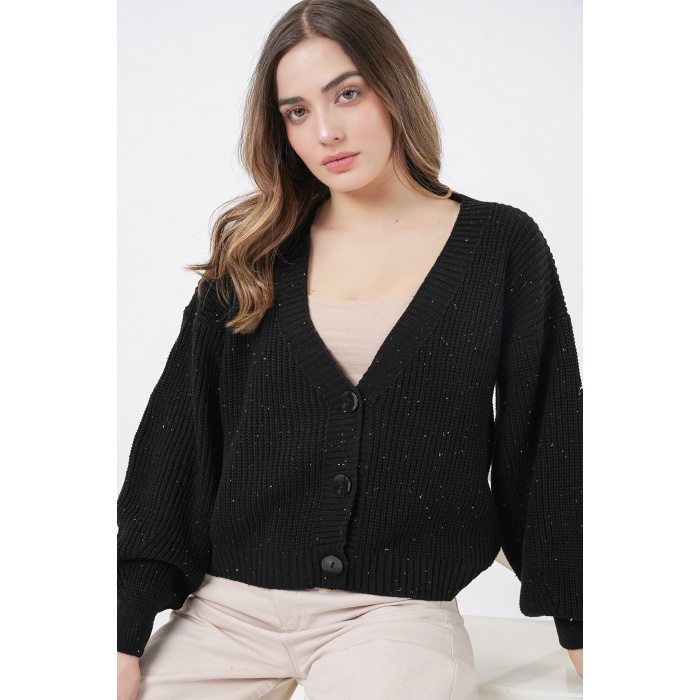 Kadın Crop Triko Hırka 15955 - Siyah