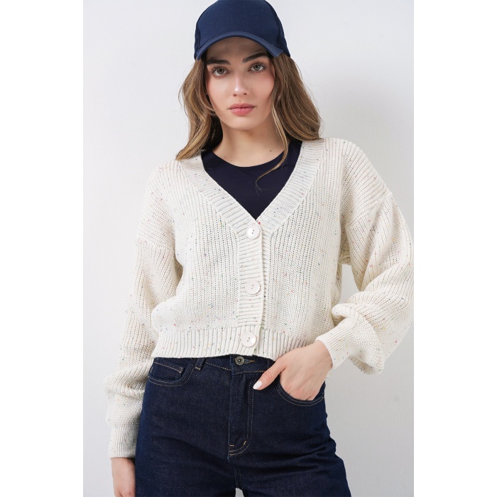 Kadın Crop Triko Hırka 15955 - Ekru