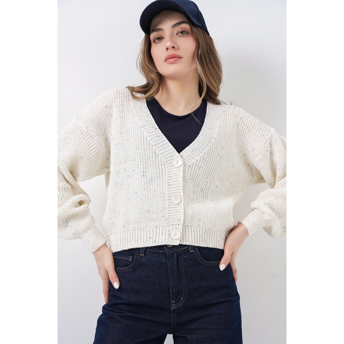 Kadın Crop Triko Hırka 15955 - Ekru