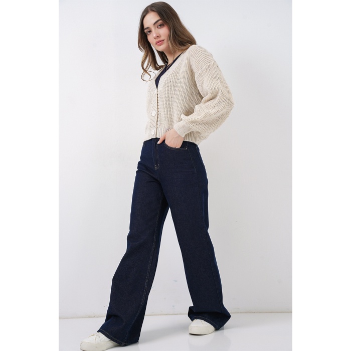 Kadın Crop Triko Hırka 15955 - Krem