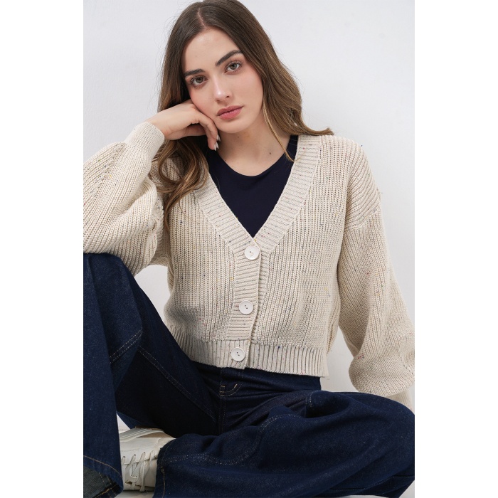 Kadın Crop Triko Hırka 15955 - Krem