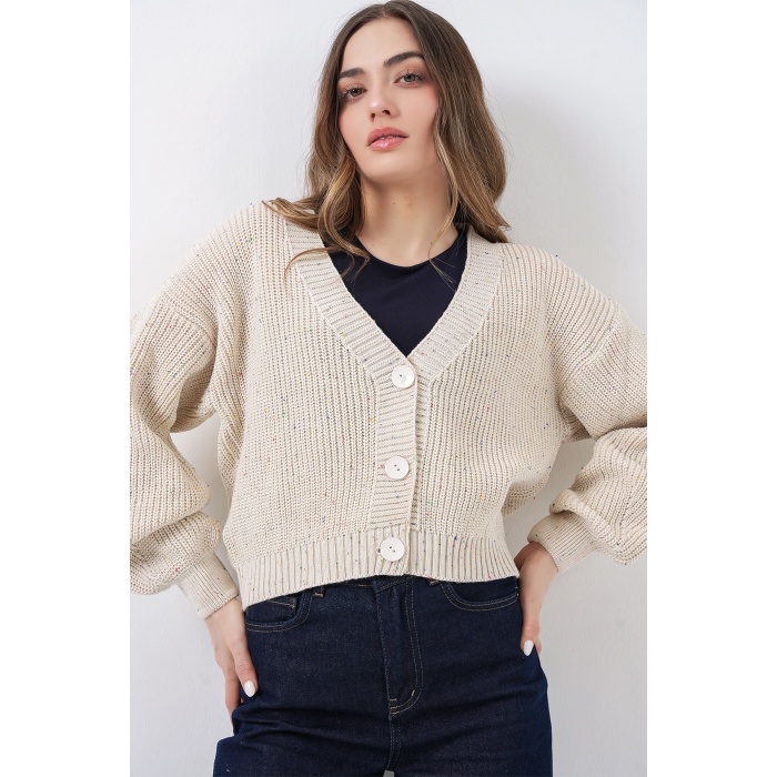 Kadın Crop Triko Hırka 15955 - Krem