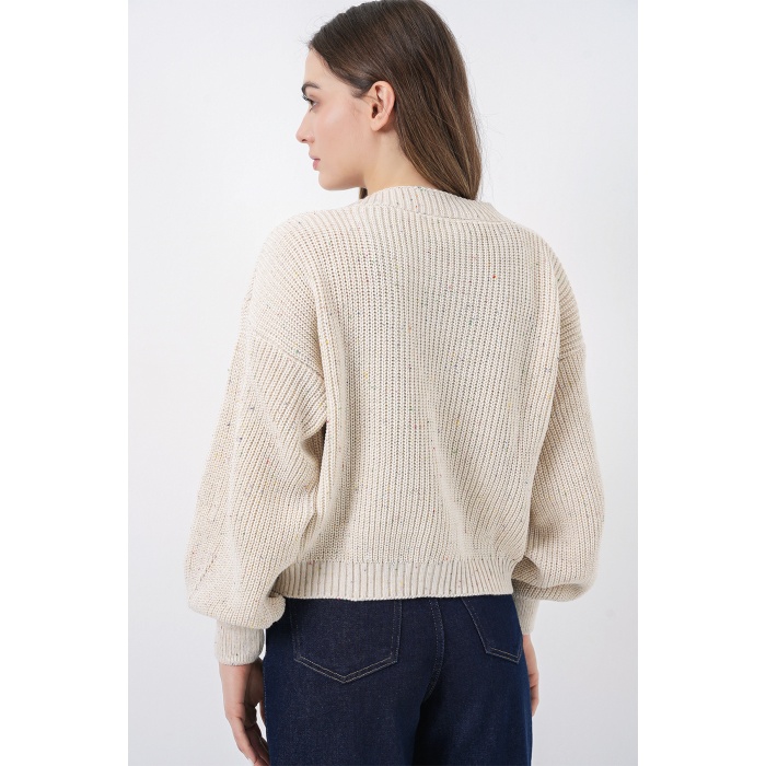 Kadın Crop Triko Hırka 15955 - Krem