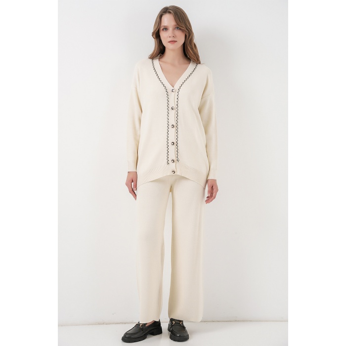 Kadın Hırka Pantolon Triko İkili Takım 15956 - Ekru