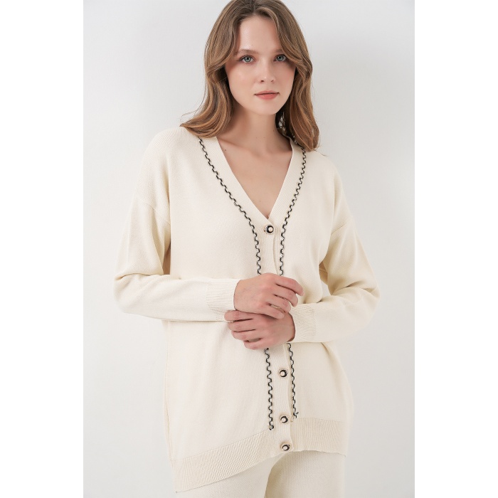 Kadın Hırka Pantolon Triko İkili Takım 15956 - Ekru