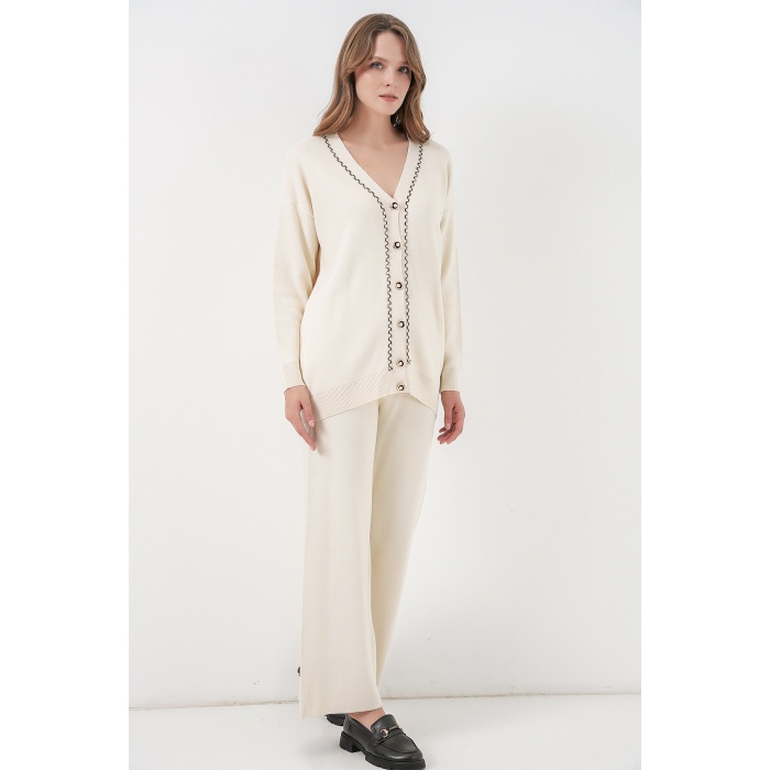 Kadın Hırka Pantolon Triko İkili Takım 15956 - Ekru