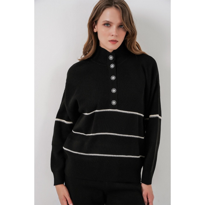 Kadın Çizgili Oversize Triko İkili Takım 15957 - Siyah