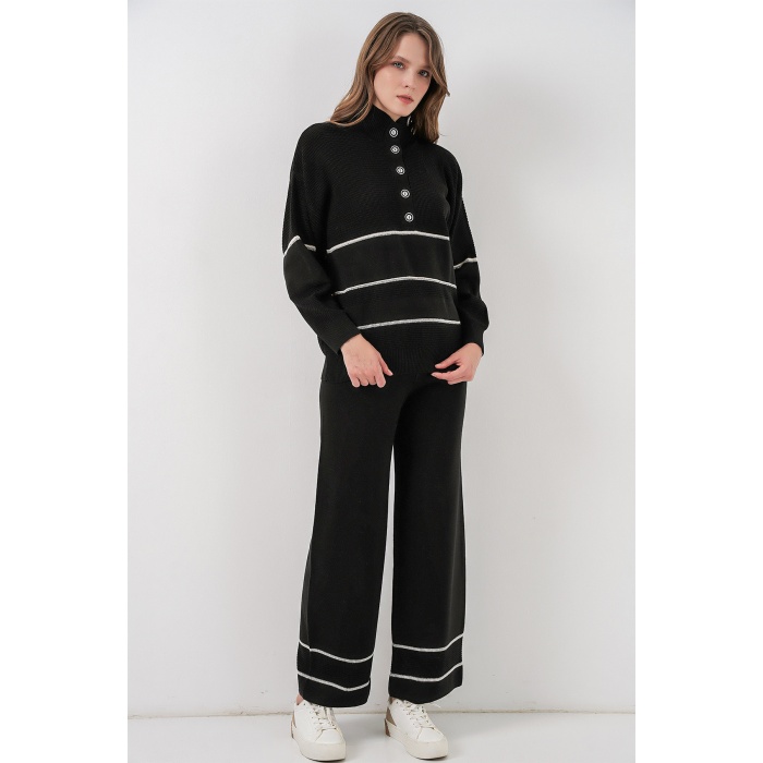 Kadın Çizgili Oversize Triko İkili Takım 15957 - Siyah