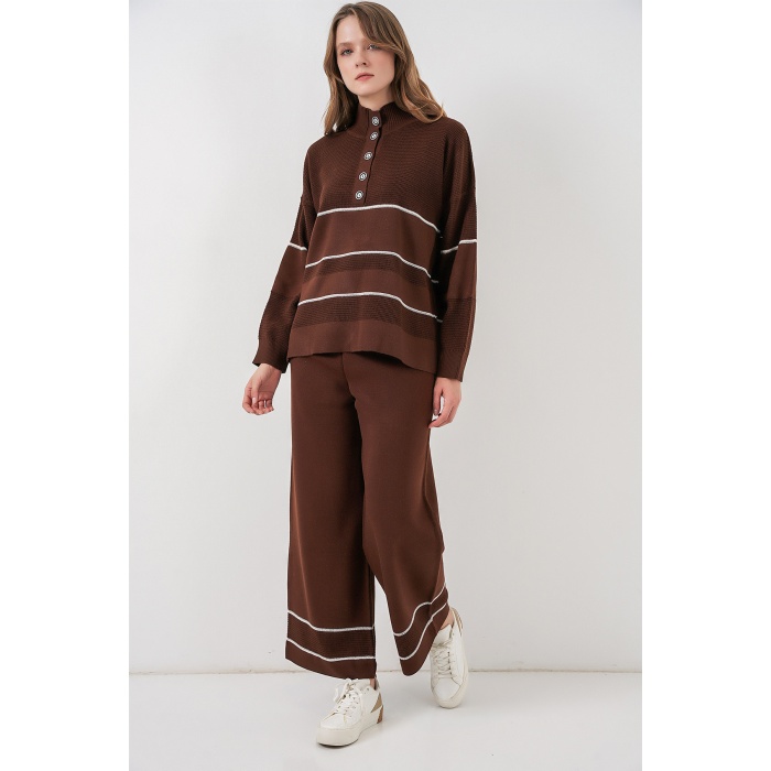 Kadın Çizgili Oversize Triko İkili Takım 15957 - Kahverengi