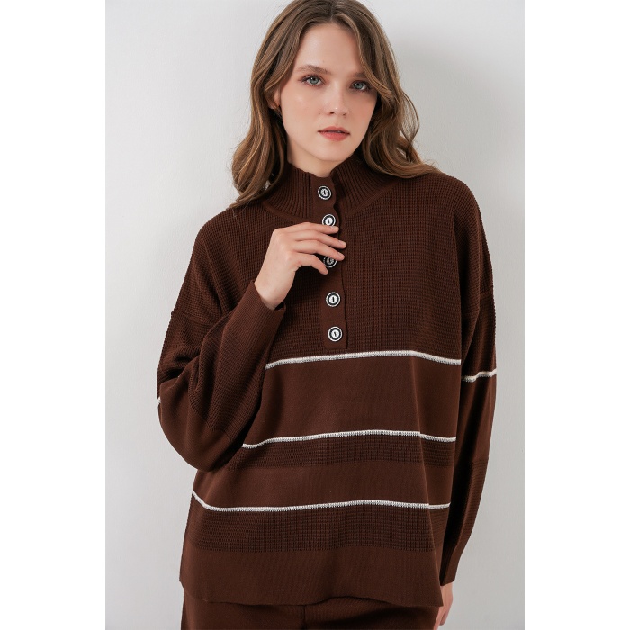 Kadın Çizgili Oversize Triko İkili Takım 15957 - Kahverengi