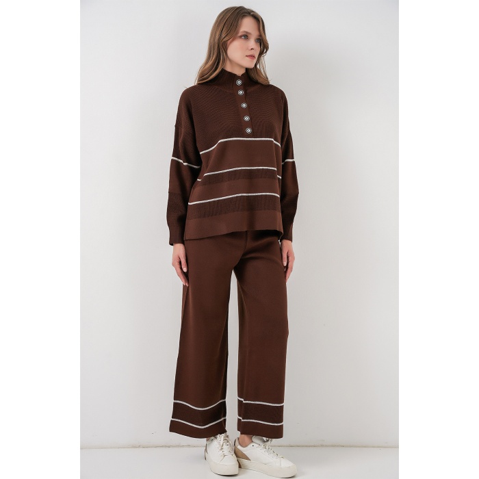 Kadın Çizgili Oversize Triko İkili Takım 15957 - Kahverengi
