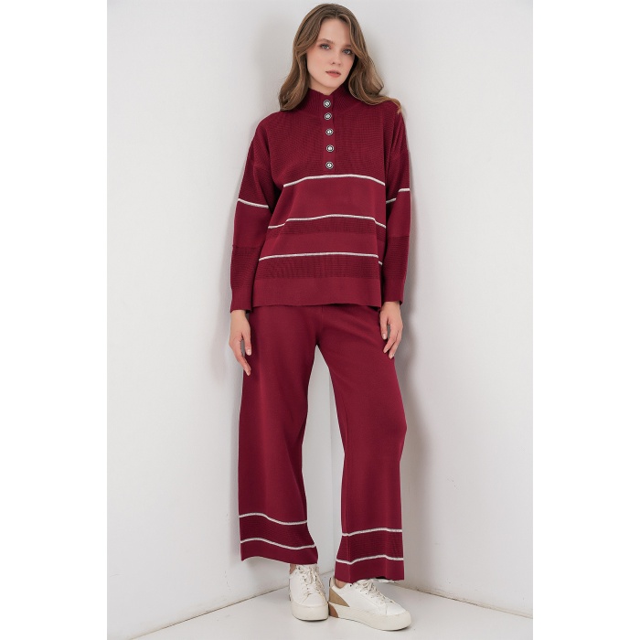 Kadın Çizgili Oversize Triko İkili Takım 15957 - Bordo