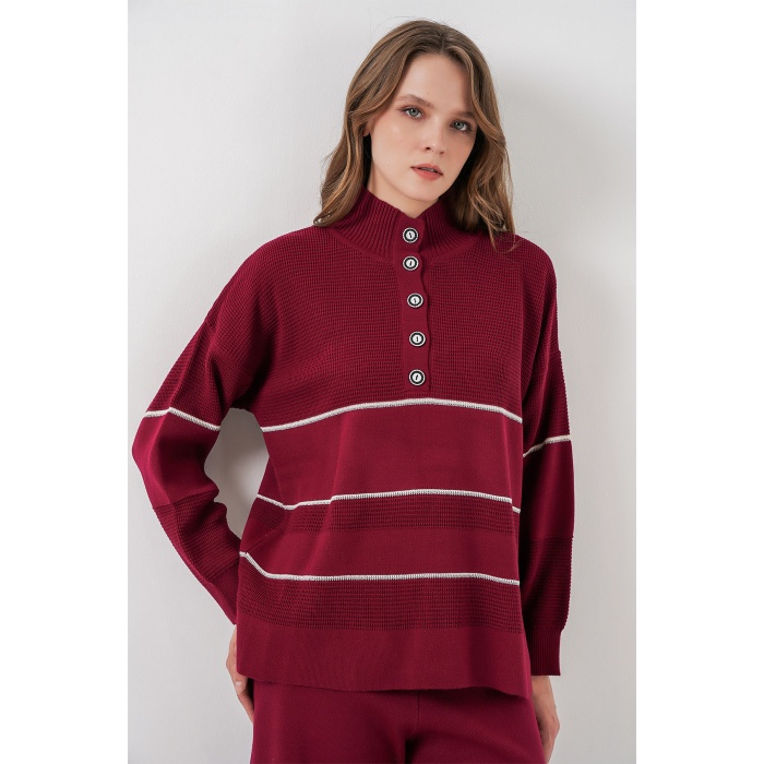 Kadın Çizgili Oversize Triko İkili Takım 15957 - Bordo