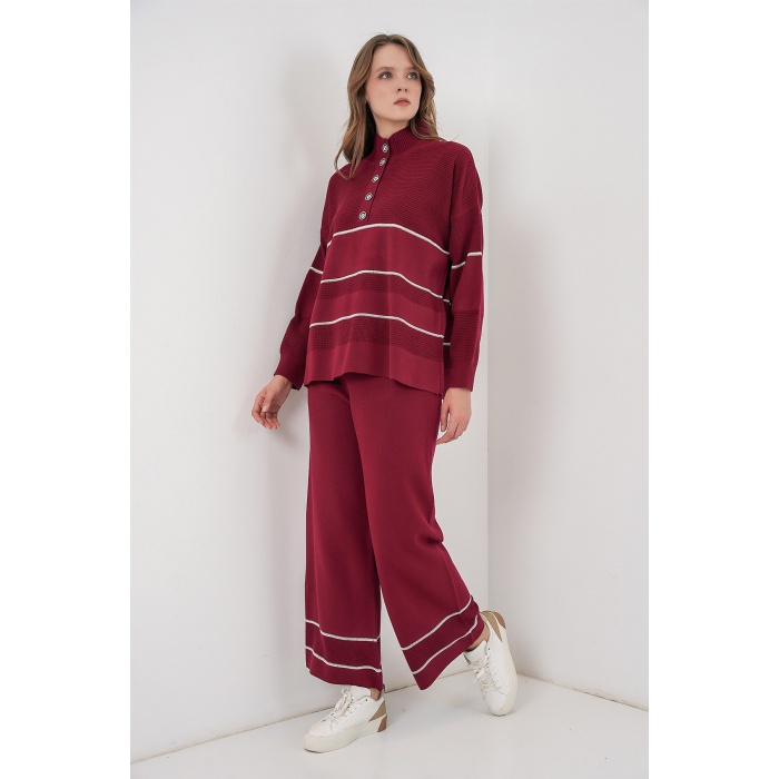 Kadın Çizgili Oversize Triko İkili Takım 15957 - Bordo