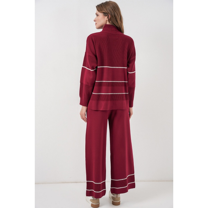 Kadın Çizgili Oversize Triko İkili Takım 15957 - Bordo