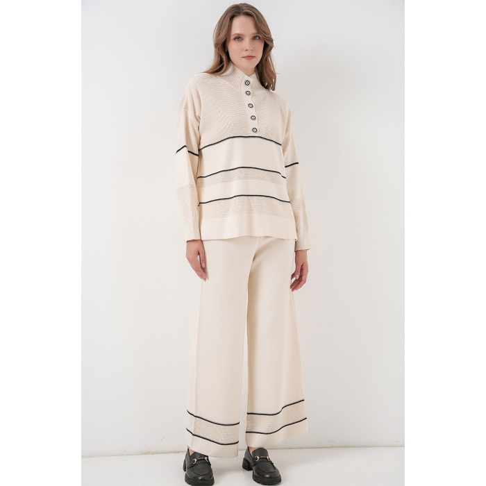 Kadın Çizgili Oversize Triko İkili Takım 15957 - Ekru