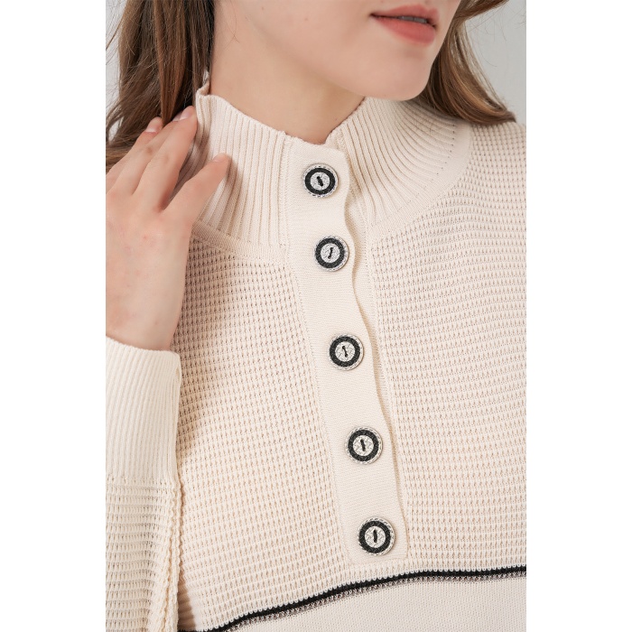 Kadın Çizgili Oversize Triko İkili Takım 15957 - Ekru