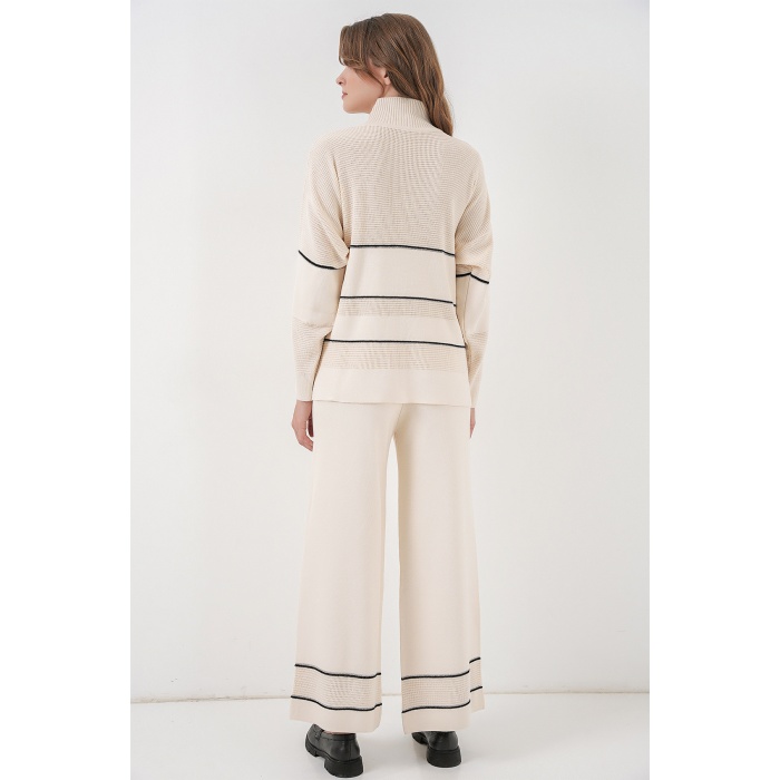 Kadın Çizgili Oversize Triko İkili Takım 15957 - Ekru