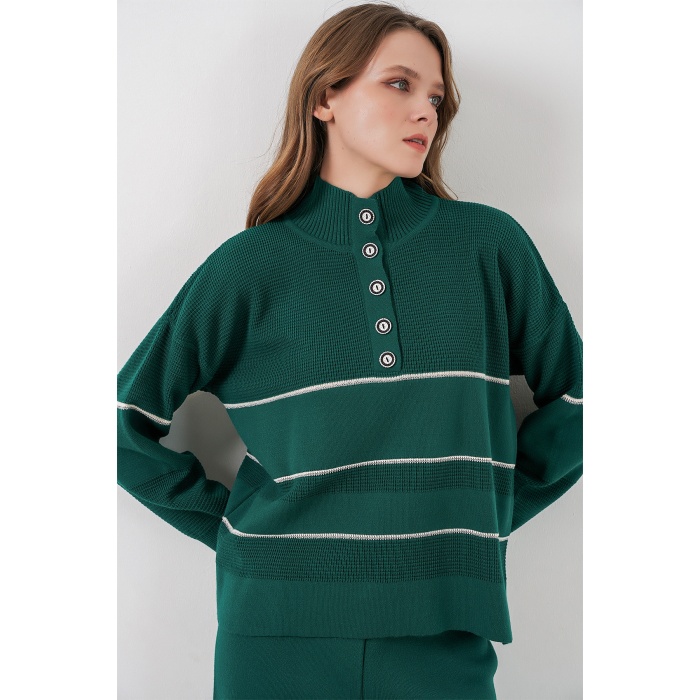 Kadın Çizgili Oversize Triko İkili Takım 15957 - Zümrüt Yeşili