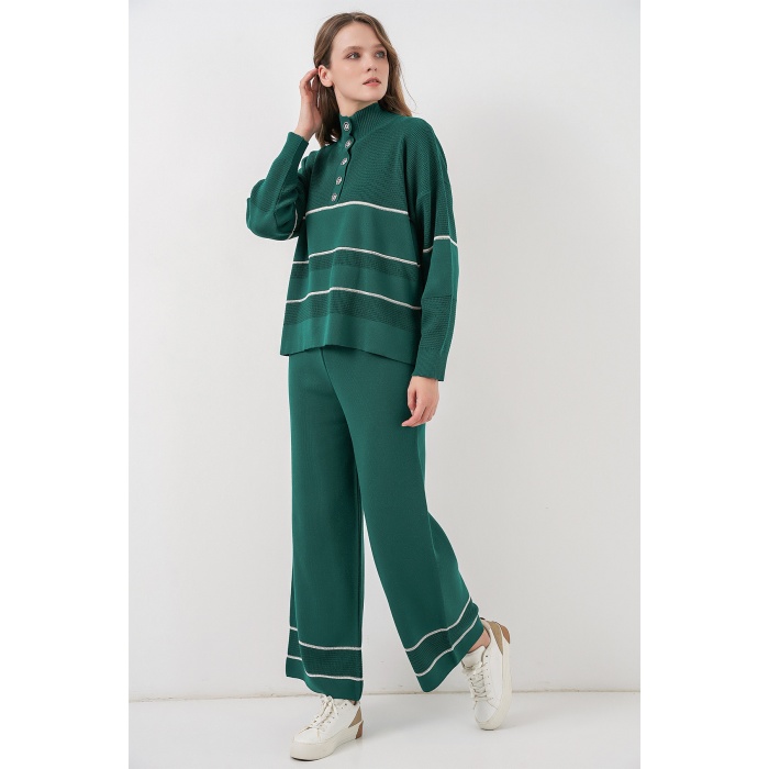 Kadın Çizgili Oversize Triko İkili Takım 15957 - Zümrüt Yeşili