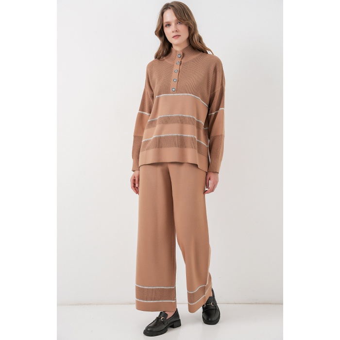 Kadın Çizgili Oversize Triko İkili Takım 15957 - Camel