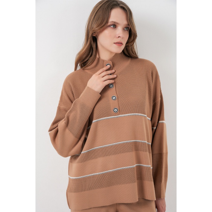 Kadın Çizgili Oversize Triko İkili Takım 15957 - Camel