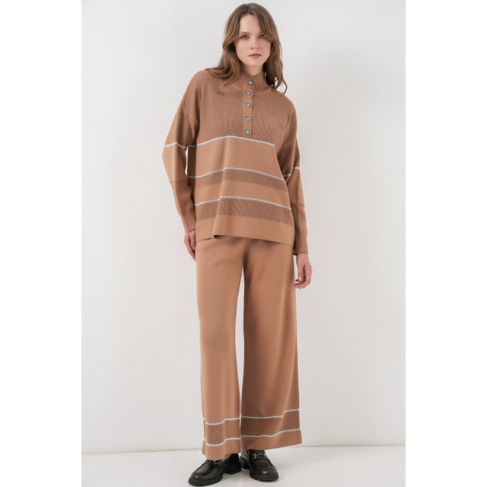 Kadın Çizgili Oversize Triko İkili Takım 15957 - Camel